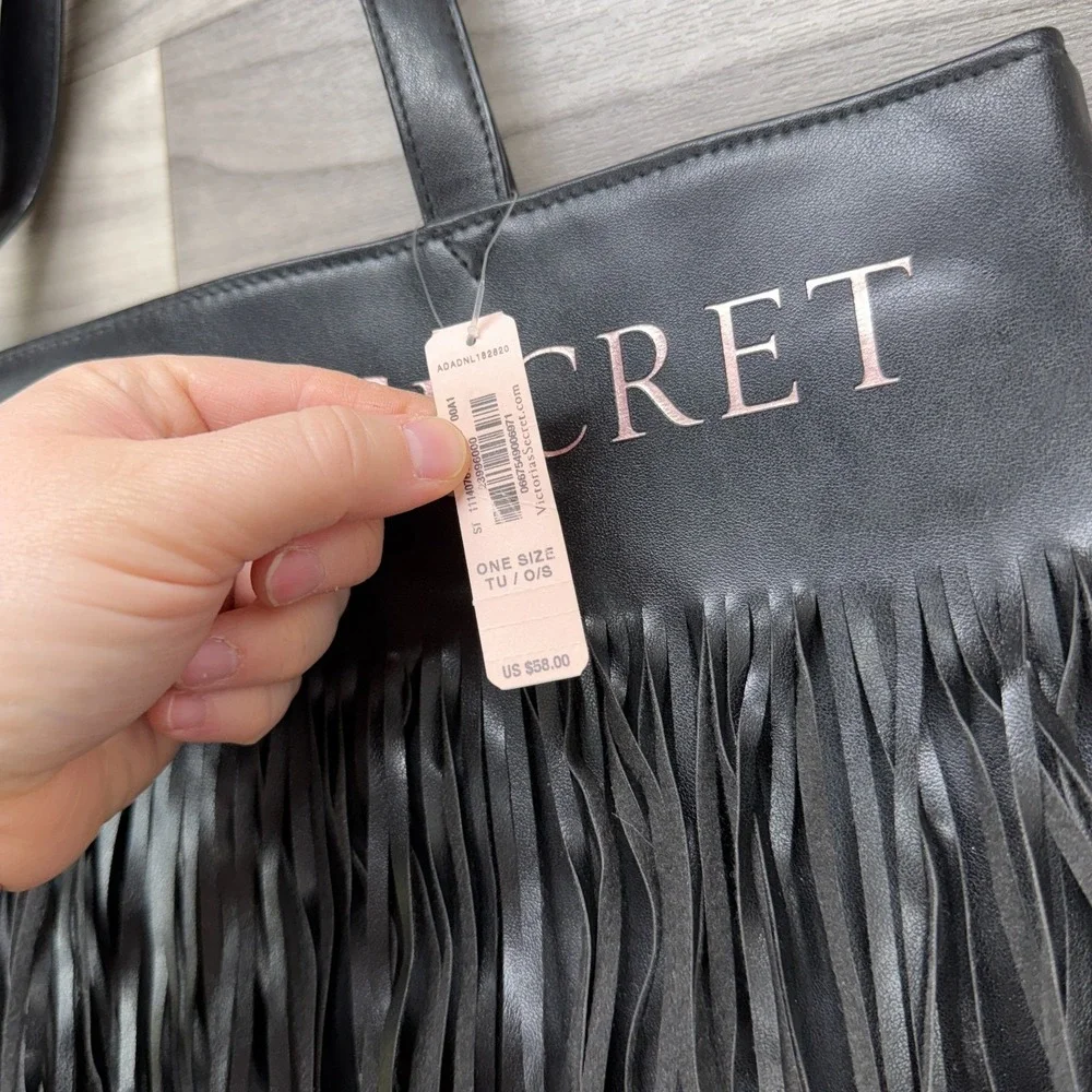Victoria's Secret Tote Bag Women's Black One Size Flirty Fringe Faux‎ Leather